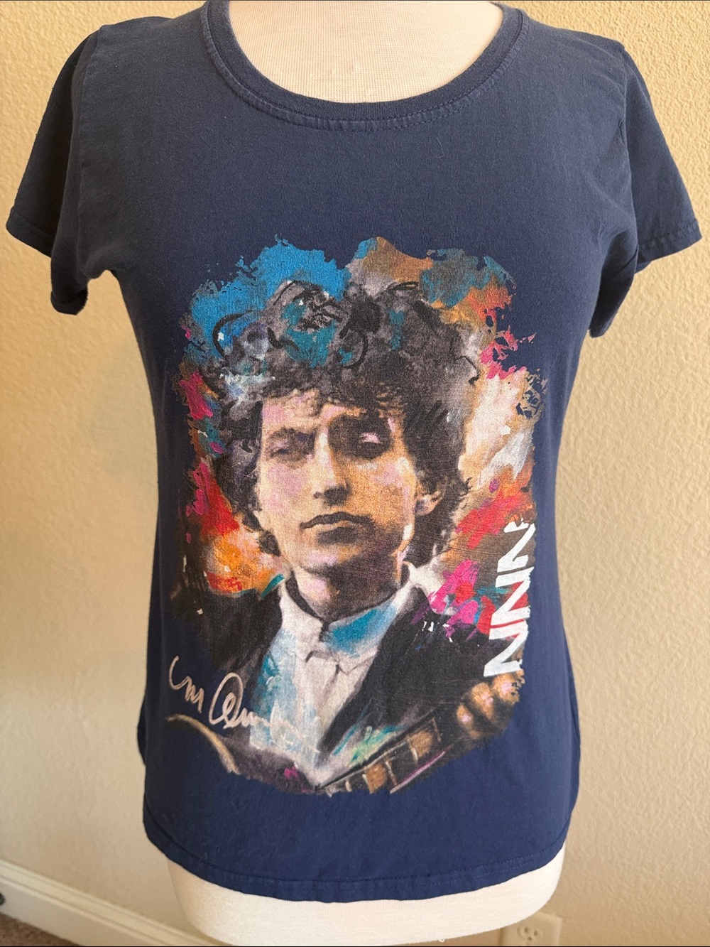 Bob Dylan Navy Short-Sleeve Graphic Tee with Multicolor Portrait